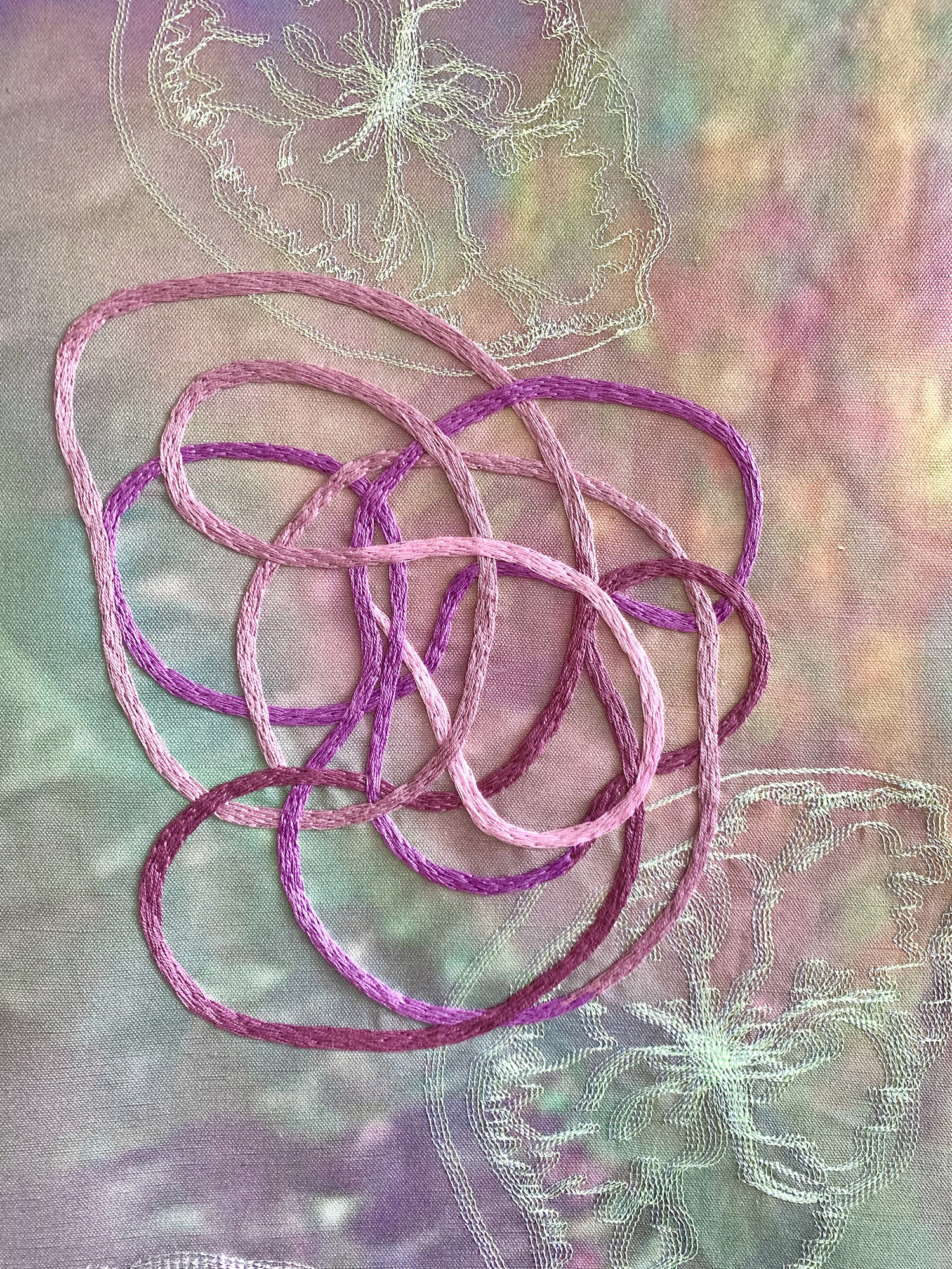 Primordium 1 (lilac), detail of hand embroidery, 2022