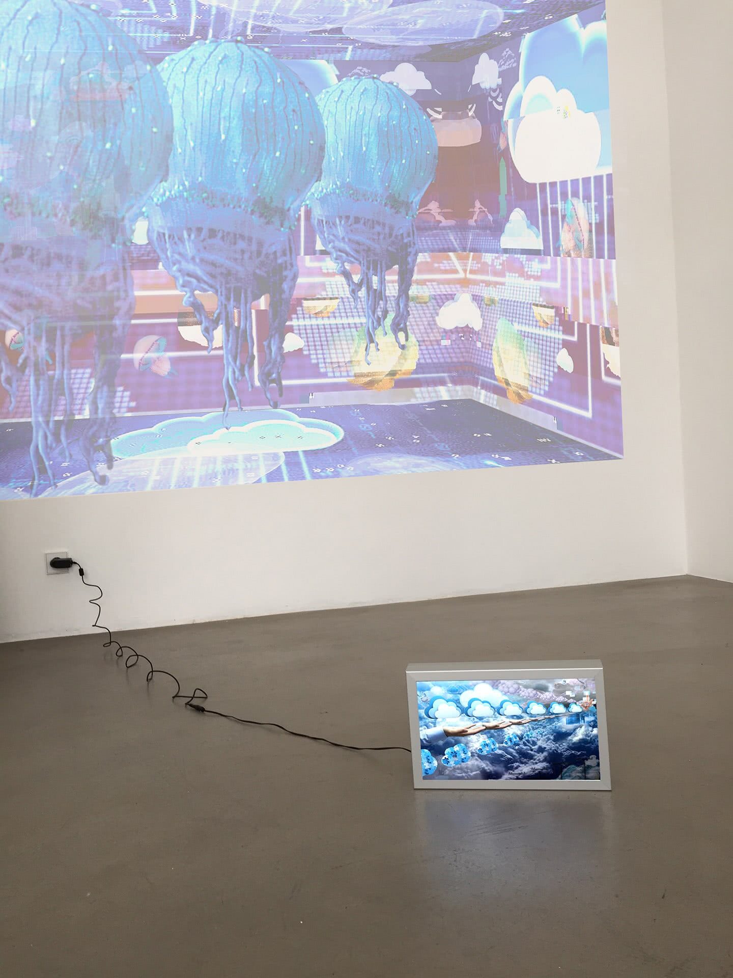 Colonise the Cloud projection and The Cloud lightbox installation view at Karin Wimmer Galerie